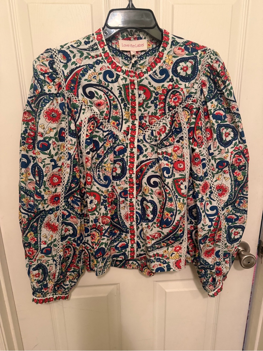 Love the Label Floral Button-Front Blouse in Cream, Red, Blue